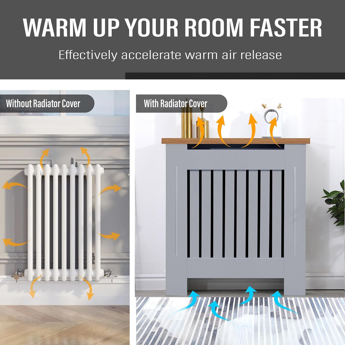 [Small | Grey] Radiator Cover heat circulation diagram comparing airflow with and without the cover, showing vertical slat ventilation channels