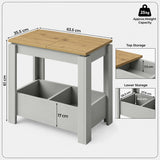 [Grey] Side table dimension graphic showing 63.5cm length, 35.5cm width, 61cm height and inset views of both storage areas.