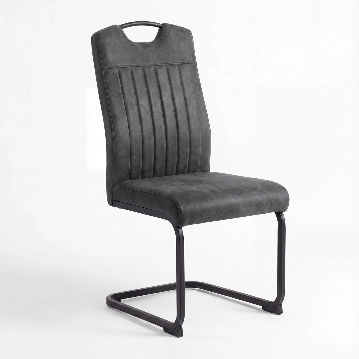 [Grey] Retroloop upholstered dining chair with tall channelled back, padded seat and black loop metal frame.