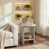[Grey] Small Round Side Table with Shelf Living Room beside cream armchair in warm living room with clock and olive branch vase on top and glasses on lower shelf