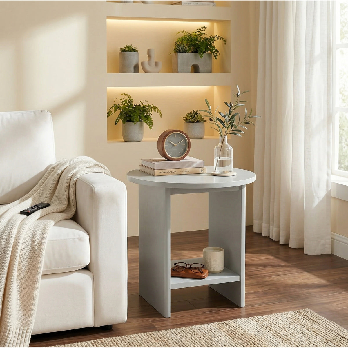 [Grey] Small Round Side Table with Shelf Living Room beside cream armchair in warm living room with clock and olive branch vase on top and glasses on lower shelf