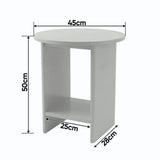 [Grey] Small Round Side Table with Shelf Living Room dimensions diagram showing 45cm diameter top, 50cm height, 28cm depth and lower storage shelf clearance