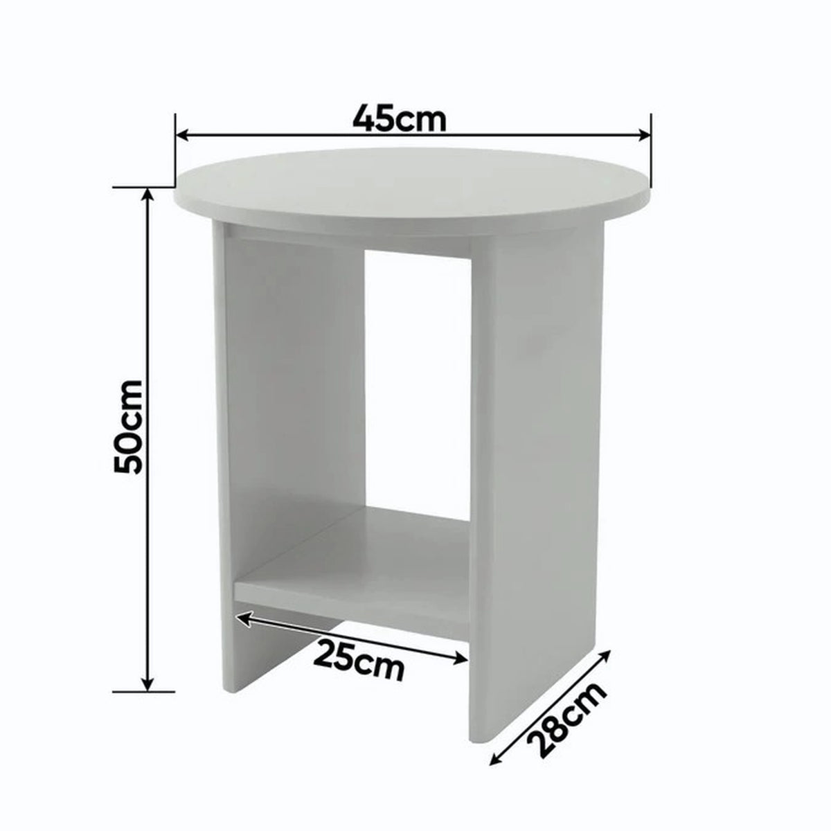 [Grey] Small Round Side Table with Shelf Living Room dimensions diagram showing 45cm diameter top, 50cm height, 28cm depth and lower storage shelf clearance
