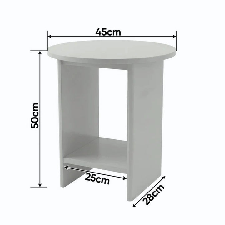 [Grey] Small Round Side Table with Shelf Living Room dimensions diagram showing 45cm diameter top, 50cm height, 28cm depth and lower storage shelf clearance