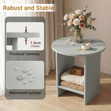[Grey] Small Round Side Table with Shelf Living Room detail infographic highlighting the smooth rounded tabletop edge profile with safety callout graphic