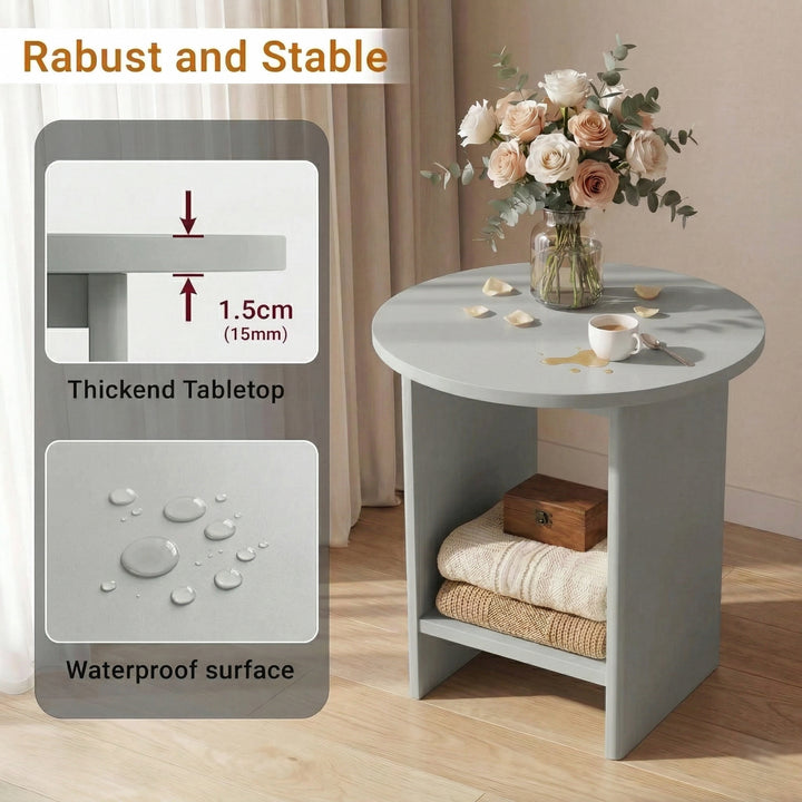 [Grey] Small Round Side Table with Shelf Living Room detail infographic highlighting the smooth rounded tabletop edge profile with safety callout graphic