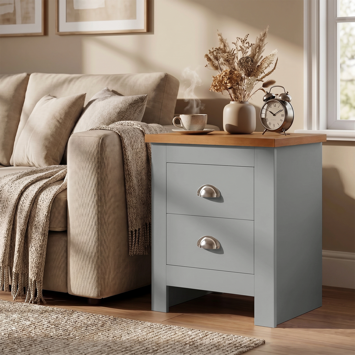 [Gray] nightstand with wooden top in a living room setting