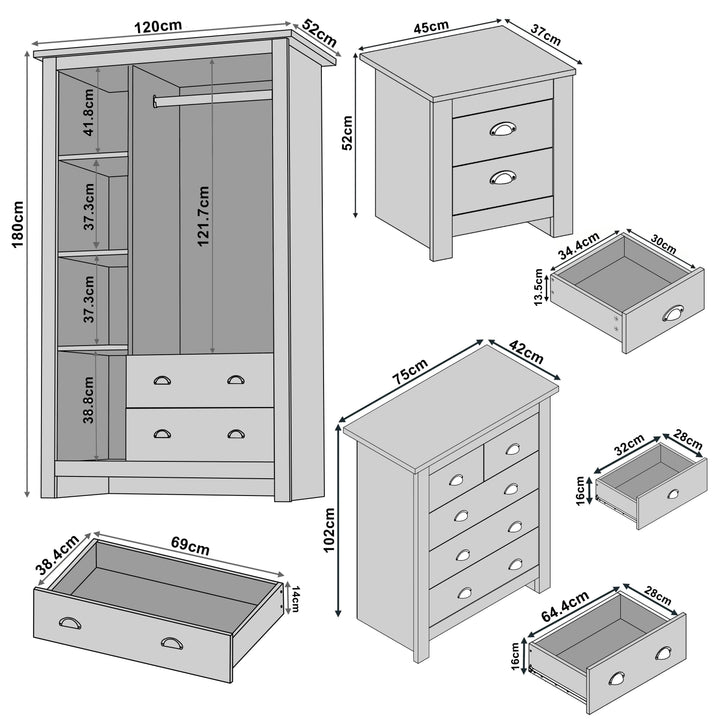 [Grey] bedroom set dimensions: wardrobe 120x52x180cm chest 75x42x102cm bedside 45x37x52cm