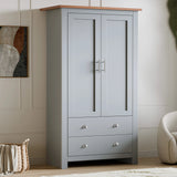 [Grey] Angled grey Shaker double wardrobe, oak top, panel doors and two cup-handle drawers next to art