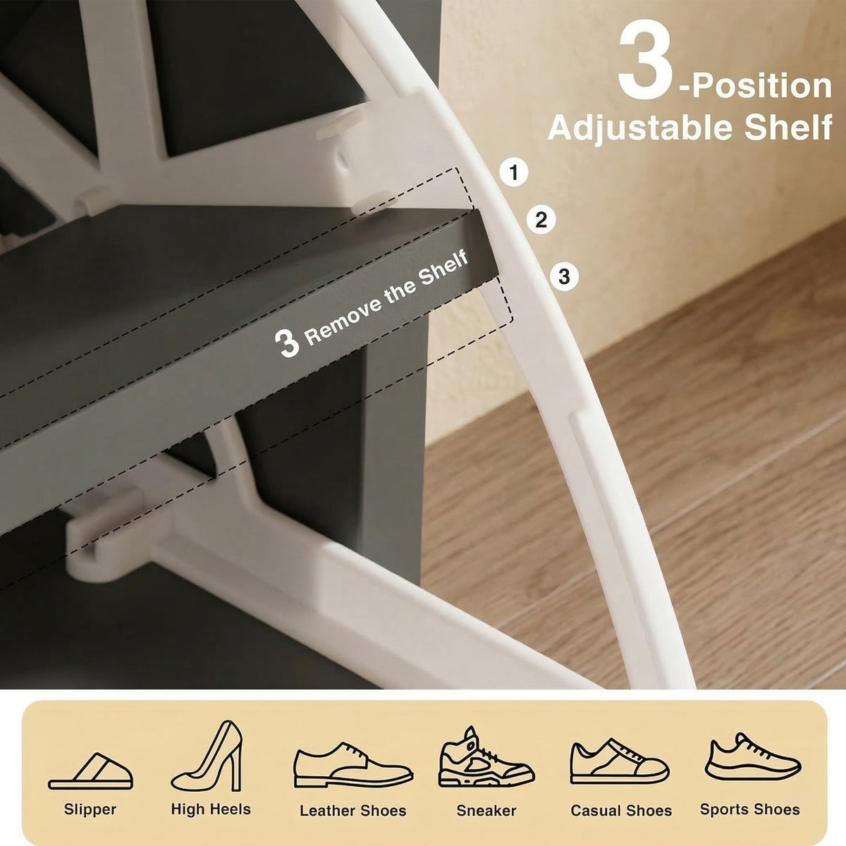 [Grey] Shaker Shoe Cabinet shelf adjustment detail showing three positions and icons for heels sneakers slippers and sports shoes