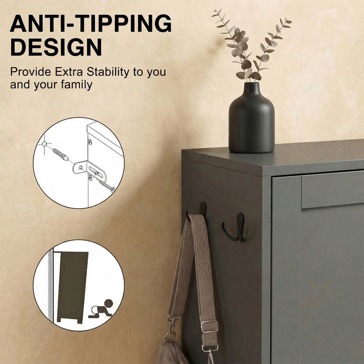[Grey] Shaker Shoe Cabinet anti-tipping wall anchor detail with side-mounted black double hooks and black ceramic vase with eucalyptus stem on cabinet top