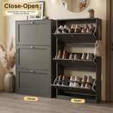 [Grey] Shaker Shoe Cabinet close and open split view showing three flip-front doors and double-layer internal storage shelves with shoes and tote bag on side hook