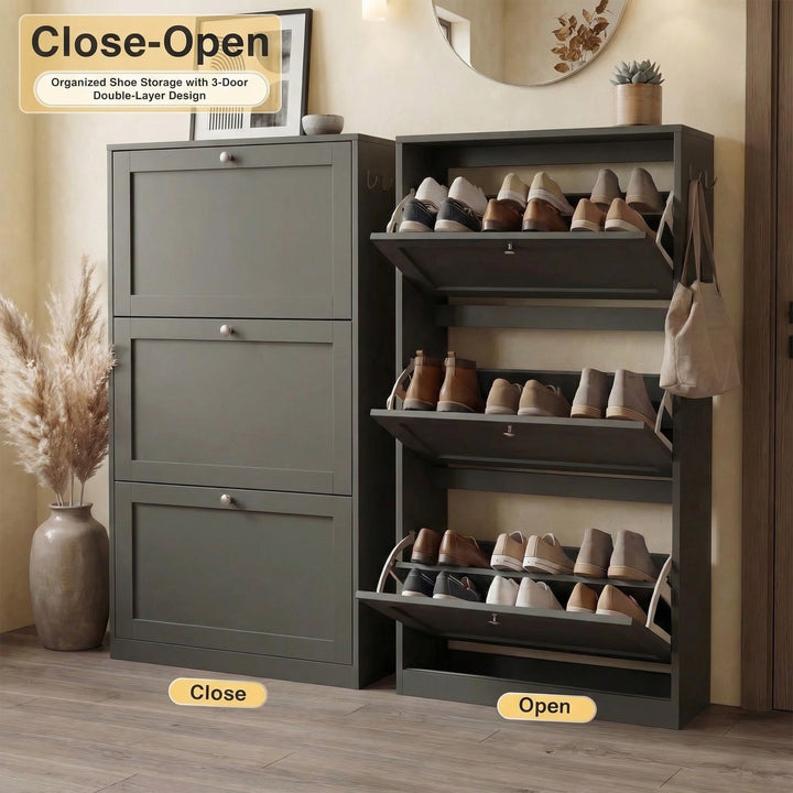 [Grey] Shaker Shoe Cabinet close and open split view showing three flip-front doors and double-layer internal storage shelves with shoes and tote bag on side hook