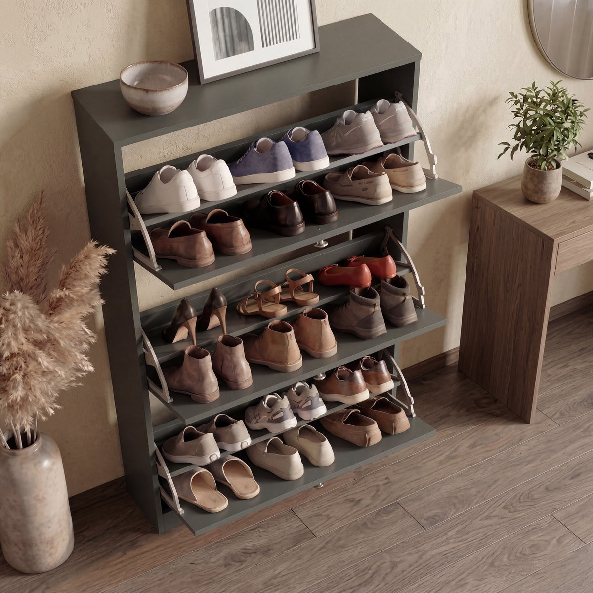 [Grey] Shaker Shoe Cabinet open showing tiered shelves holding multiple pairs of shoes across all three compartments with pampas vase and wooden console alongside