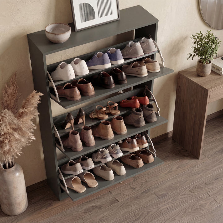  [Grey] Shaker Shoe Cabinet open showing tiered shelves holding multiple pairs of shoes across all three compartments with pampas vase and wooden console alongside