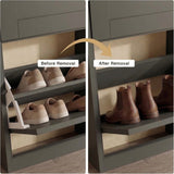 [Grey] Shaker Shoe Cabinet compartment showing removable internal shelf before and after removal to fit taller ankle boots