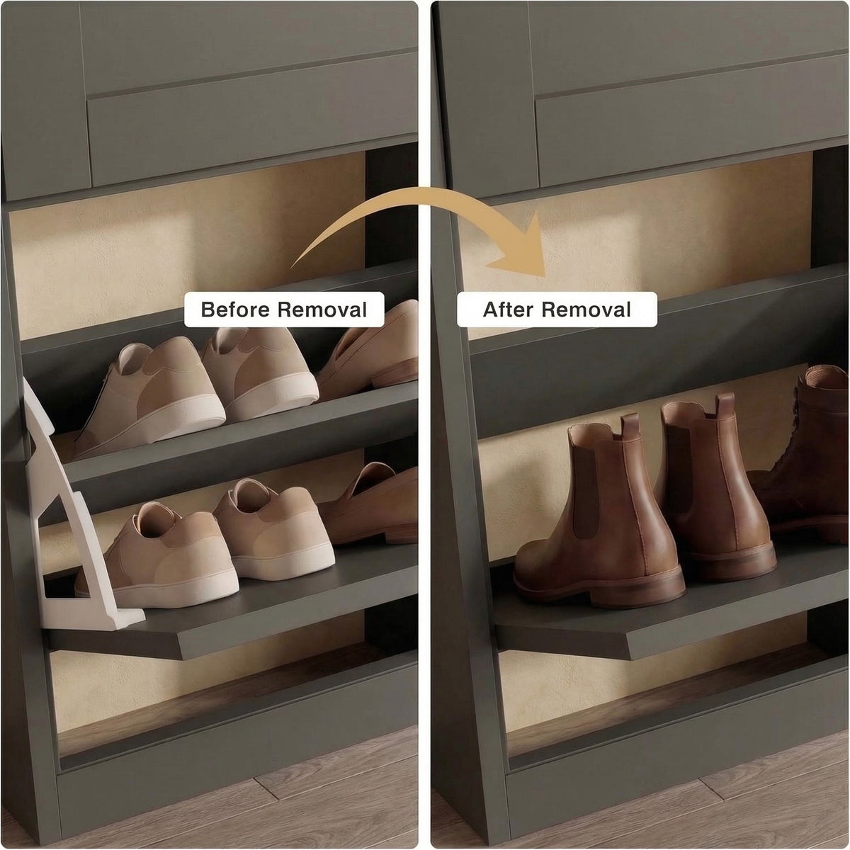 [Grey] Shaker Shoe Cabinet compartment showing removable internal shelf before and after removal to fit taller ankle boots