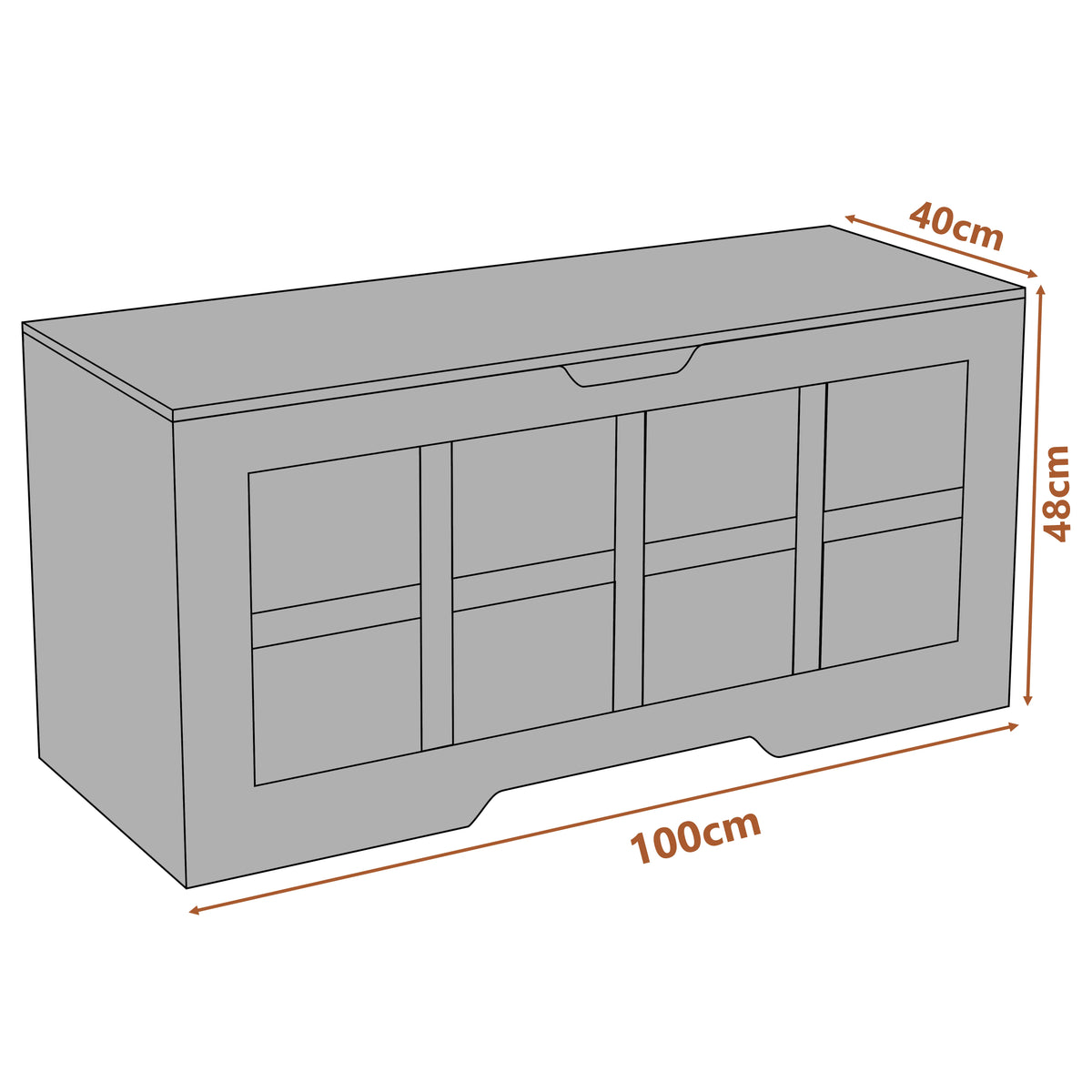 [Grey] Grey storage bench with dimensions labeled on a white background