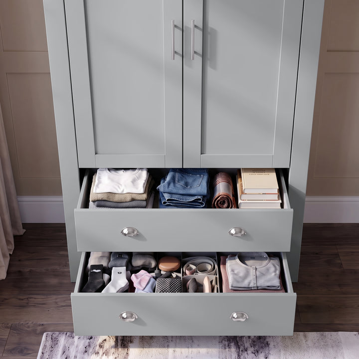 [Grey] Wardrobe front view with lower drawers open, folded clothes, shoes, books, and closed upper doors