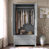 [Grey] Wardrobe interior view with both doors open, hanging clothes, top shelf, lower drawers, handbag, and hat