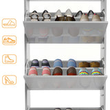[Silver Grey] Fully open narrow shoe cabinet with space for various shoes like boots, slippers, Crocs, and wellies.