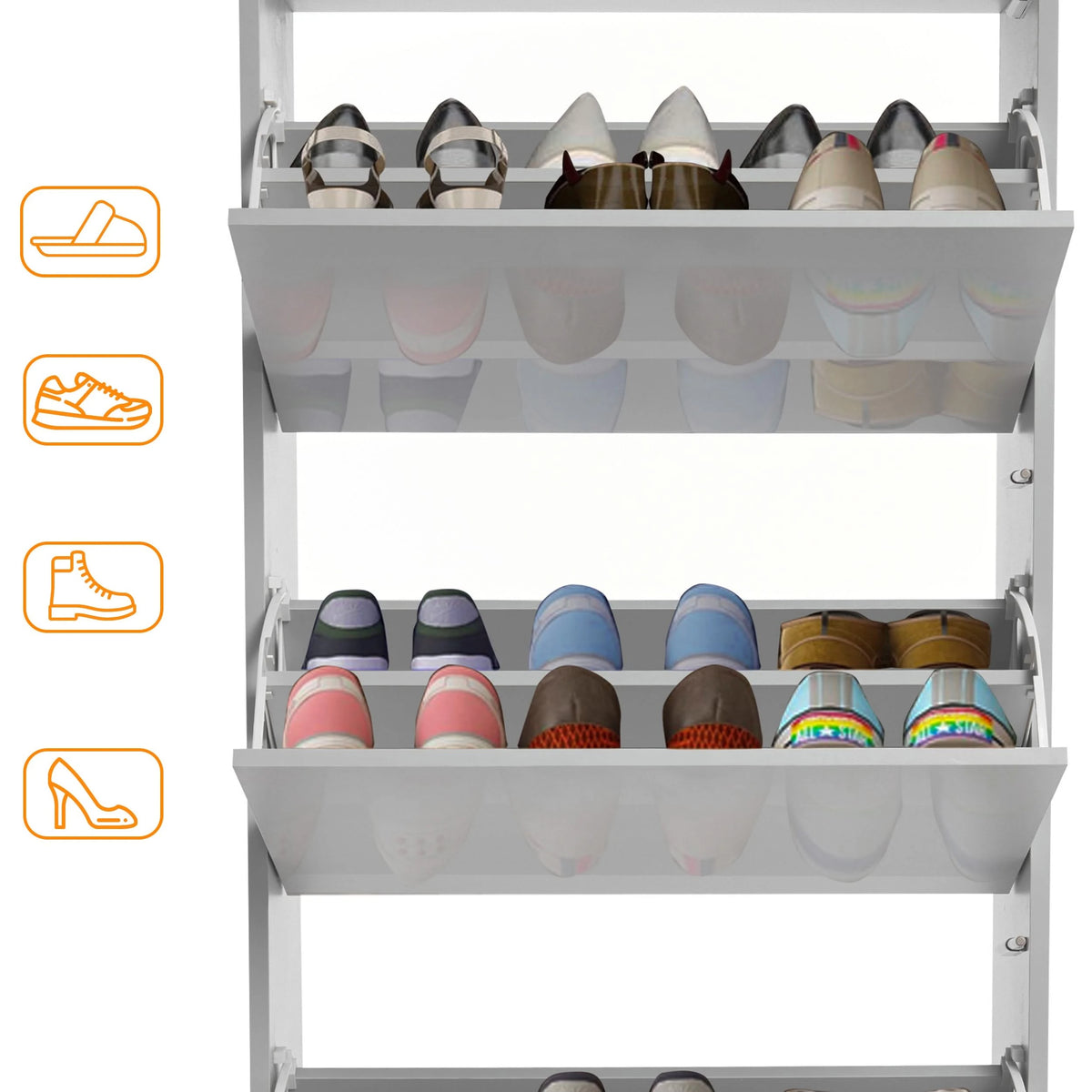 [Silver Grey] Fully open narrow shoe cabinet with space for various shoes like boots, slippers, Crocs, and wellies.