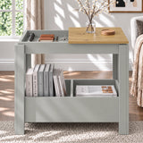 [Grey] Front view showing an open tabletop compartment, a blossom vase on the remaining panel and books underneath.