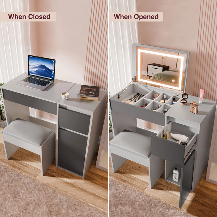 [Grey]  vanity table with closed and open compartments, featuring a laptop and mirror.