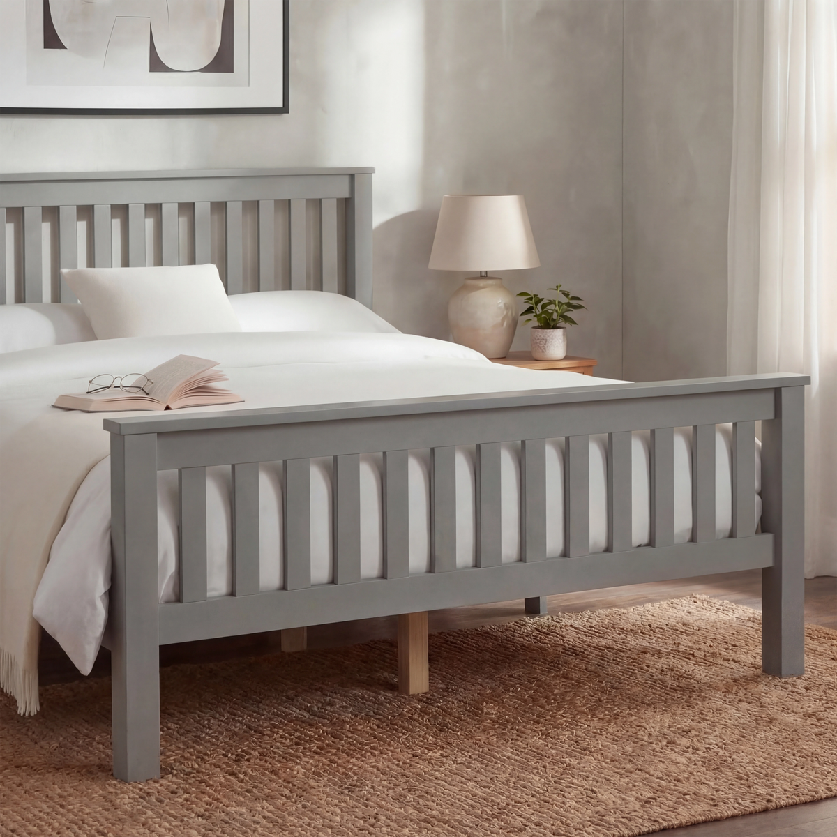 [Grey] wooden double bed frame grey paint, slatted ends, cream bedding and oak bedside lamp visible