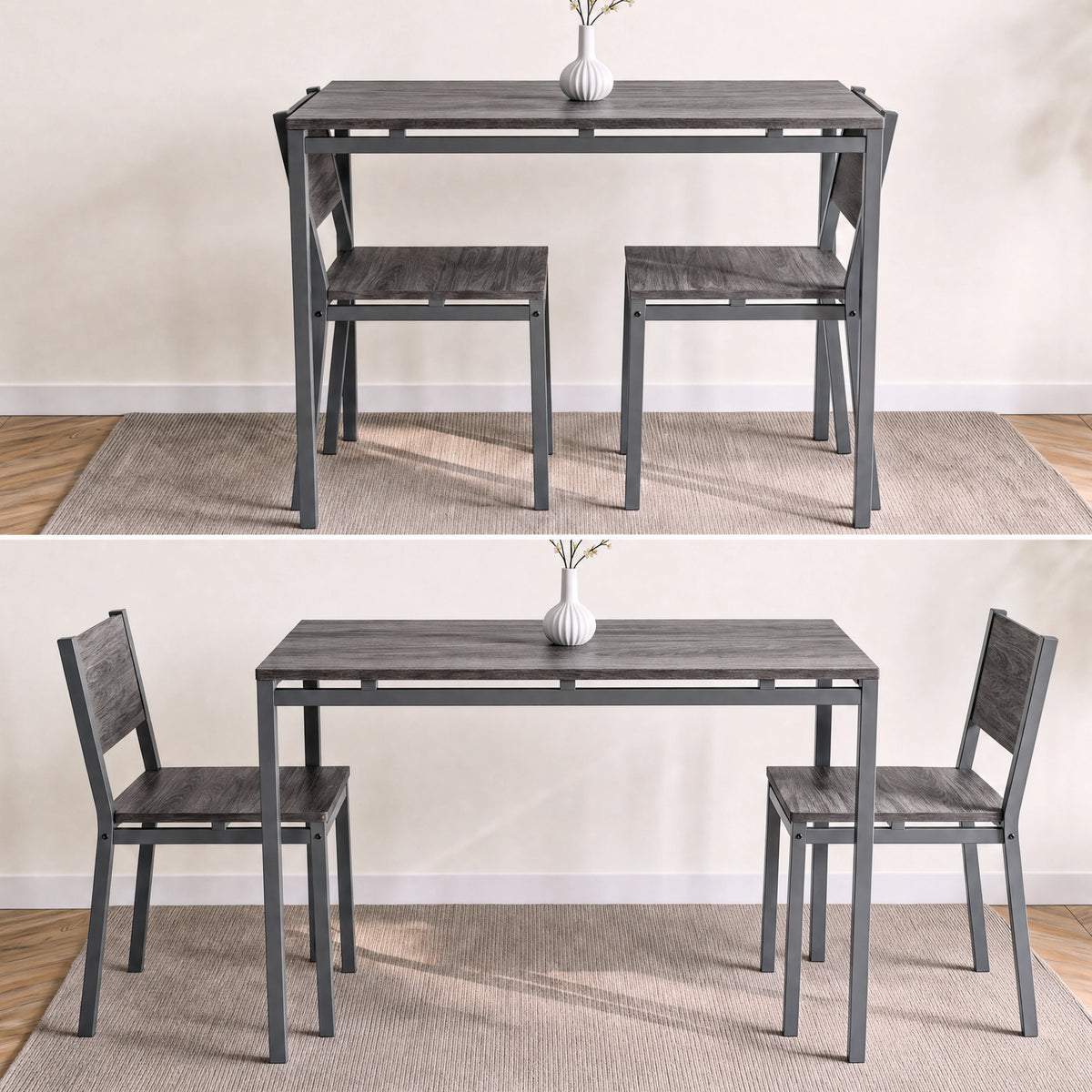 [Grey] Space saving dining table set showing chairs completely tucked away under table & expanded ready-to-use dining setup.