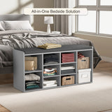 [Grey] Hallway shoe storage bench with cushion & adjustable shelves in grey, placed at the foot of a bed