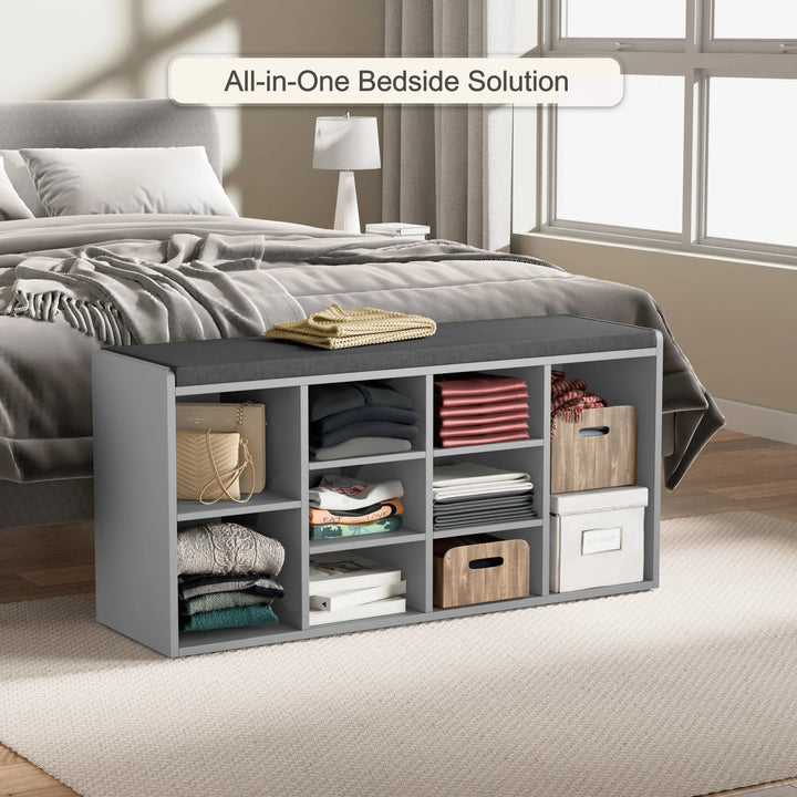 [Grey] Hallway shoe storage bench with cushion & adjustable shelves in grey, placed at the foot of a bed