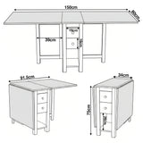 [150CM | Grey] Stovra Drop Leaf Dining Table technical drawing showing fully extended, half open, and folded dimensions