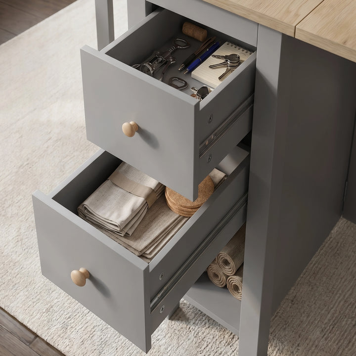 [150CM | Grey] Stovra Drop Leaf Dining Table both drawers open showing cutlery and stationery in top and linens below
