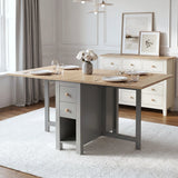 [150CM | Grey] Stovra Drop Leaf Dining Table fully extended with both leaves up, set for four with place settings, glasses, and a rose flower centrepiece