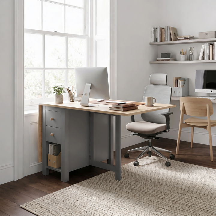 [130CM | Grey] Stovra Drop Leaf Dining Table used as a desk in a home office with monitor, plant, and drawers in use
