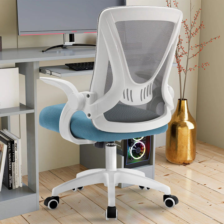[Grey + Tiffany Blue] Grey and Tiffany blue office chair with breathable mesh backrest, ideal for ergonomic use at workstations.