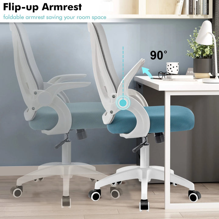 [Grey + Tiffany Blue] Grey and Tiffany blue swivel desk chair with flip-up armrests for saving space in your home office.