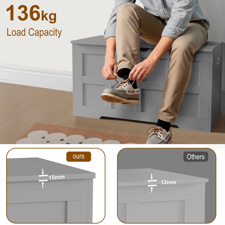 [Grey] Person sitting on a gray storage bench with text indicating load capacity and a comparison of bench thickness.