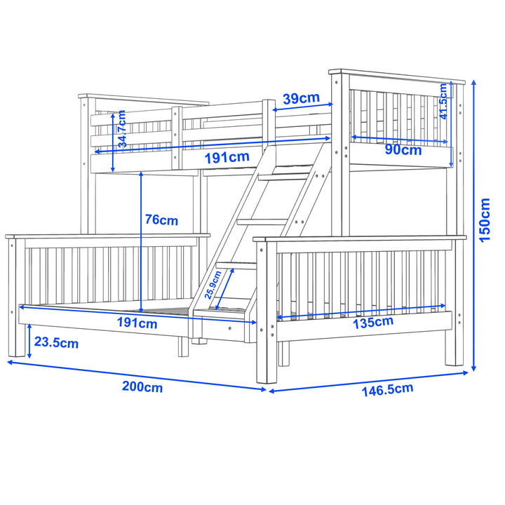 [Grey | Single+Double] Grey triple bunk bed dimensions schematic: external 200 x 146.5 x 150 cm, internal sleep 191 cm