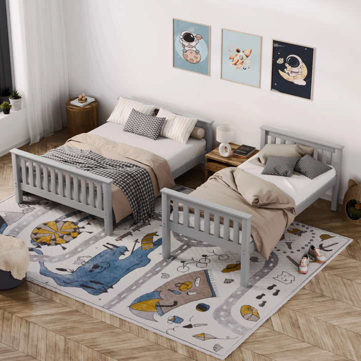 [Grey | Single+Double] Grey triple bunk bed shown as two detached beds, a standalone double and a single, side by side