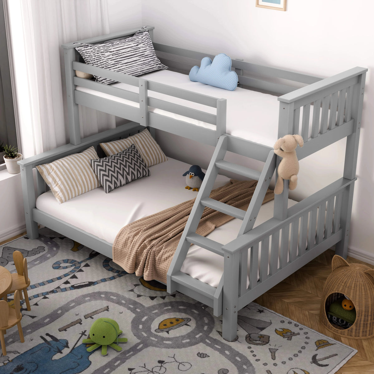 [Grey | Single+Double] Triple bunk bed side angle with stuffed toys on top single bunk and unicorn plush on double bed