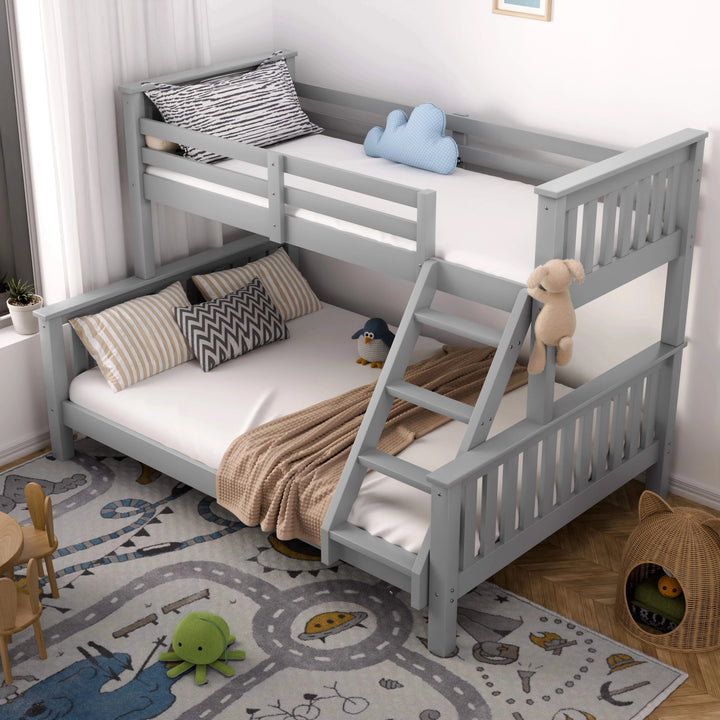 [Grey | Single+Double] Triple bunk bed side angle with stuffed toys on top single bunk and unicorn plush on double bed