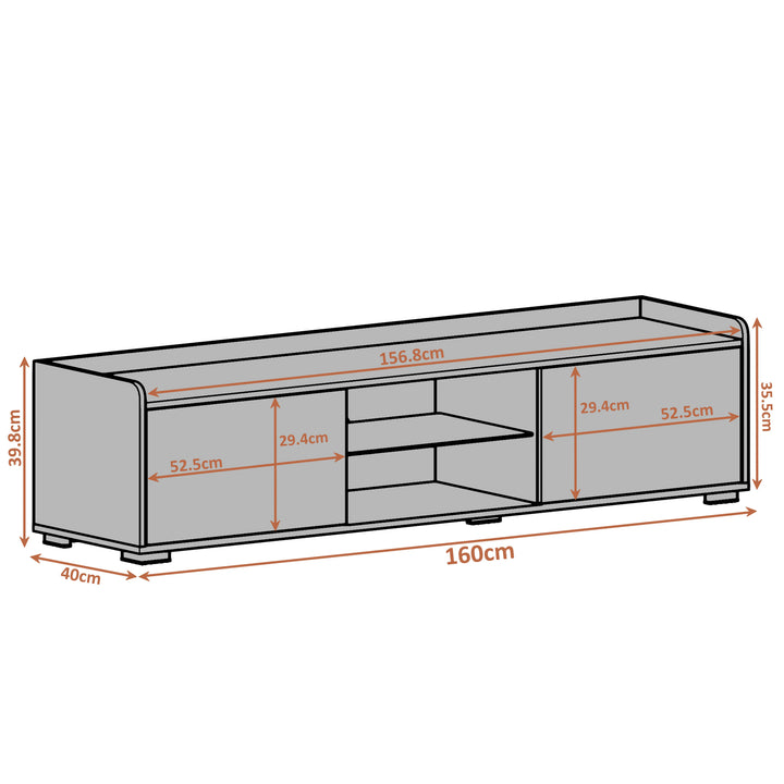 [Grey] Schematic of TV unit showing 160 x 40 x 35.5cm overall with 52.5cm cabinets and 29.5cm shelves