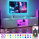 [Grey] Promotional graphic of grey gloss TV unit with LED colour options, remote and headphones