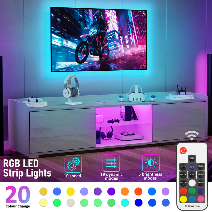 [Grey] Promotional graphic of grey gloss TV unit with LED colour options, remote and headphones