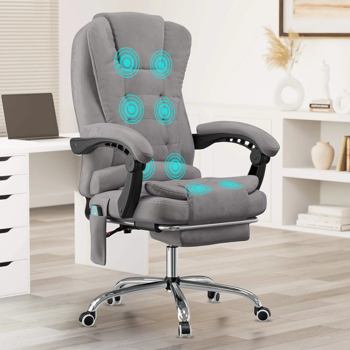 [Grey Velvet] stylish grey velvet swivel desk chair with footrest and lumbar support shown in a modern home office corner