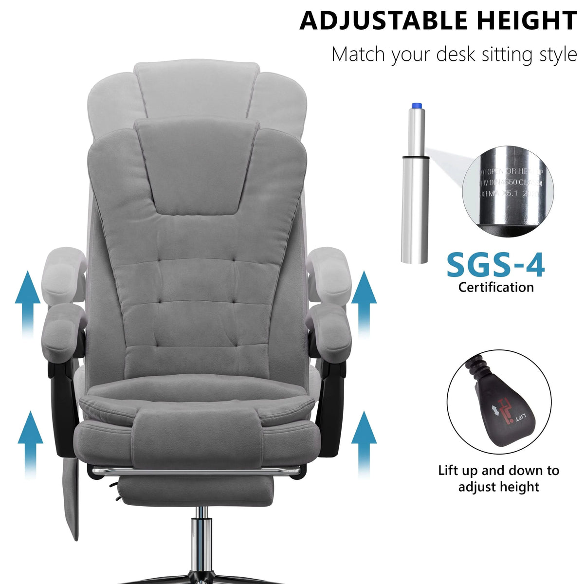 [Grey Velvet] grey velvet vibrating desk chair with arrows indicating seat movement and close-up of piston height adjuster