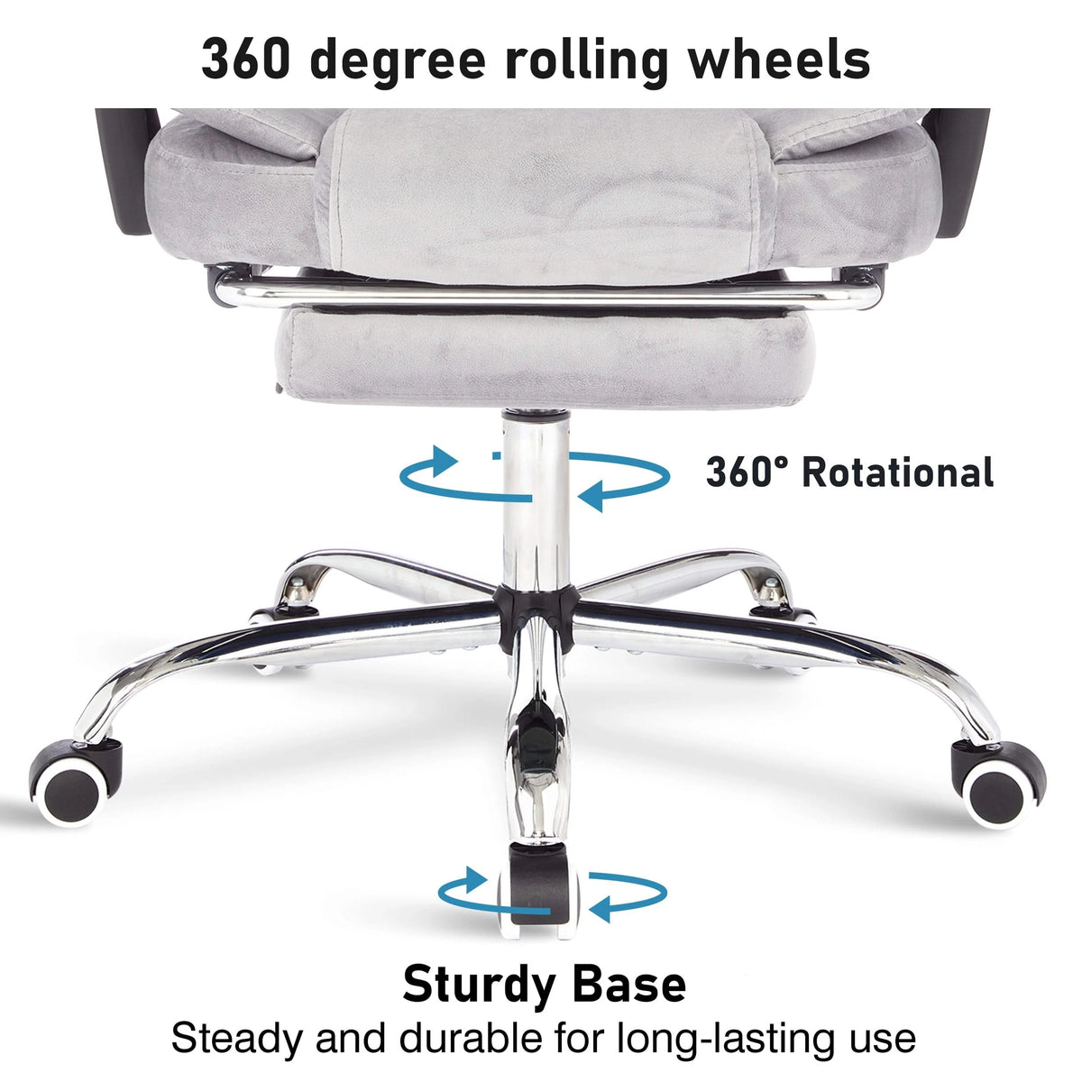[Grey Velvet] Swivel and recliner chair with 360-degree rolling wheels for smooth mobility and ergonomic comfort