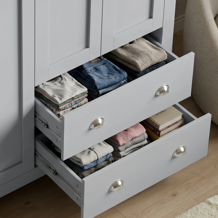 [Grey] Shaker Triple Wardrobe With Drawers And Shelves with two bottom drawers pulled open.